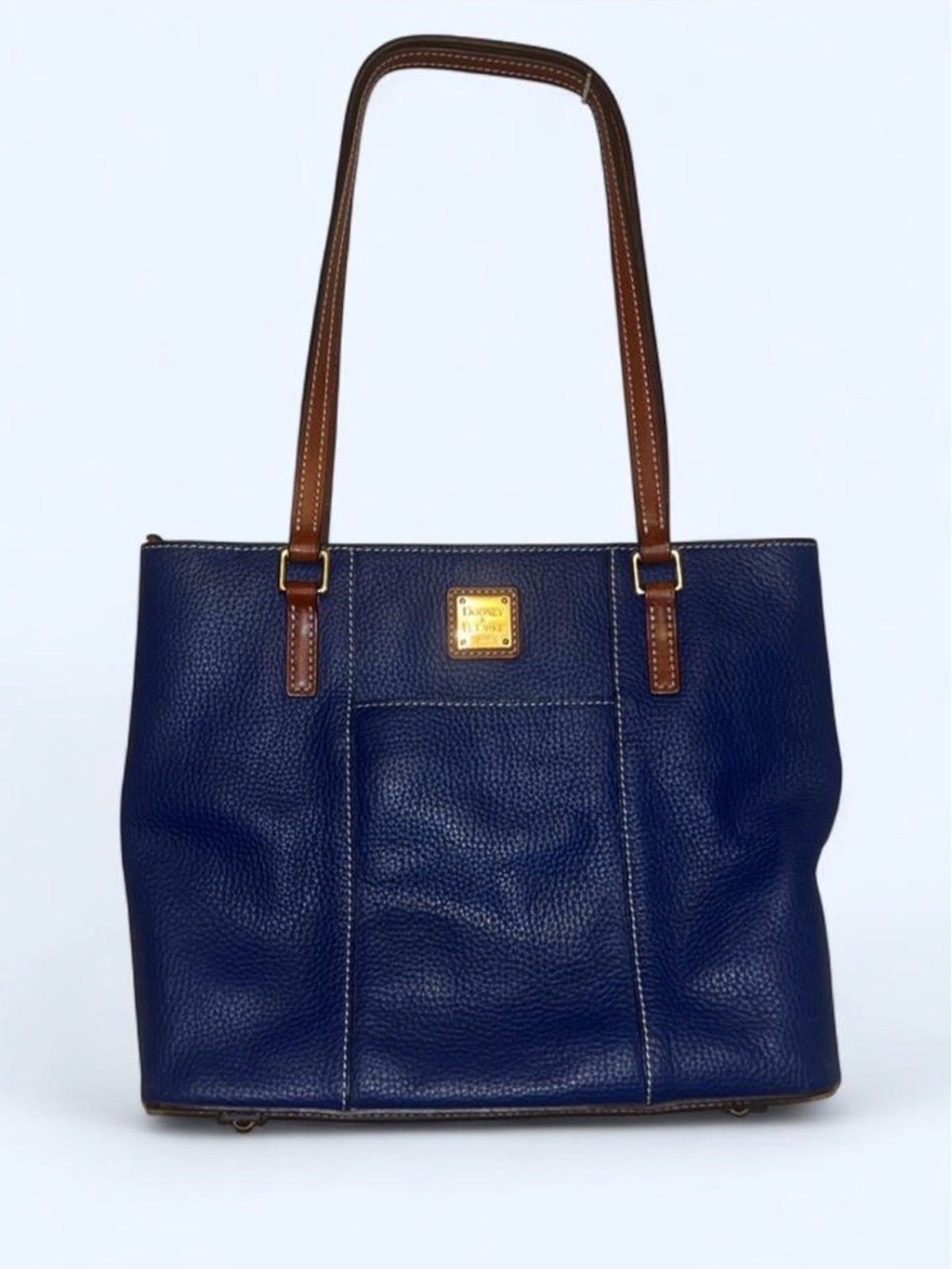 Dooney & Bourke Navy Pebbled Leather Shoulder Tote with Brown Straps